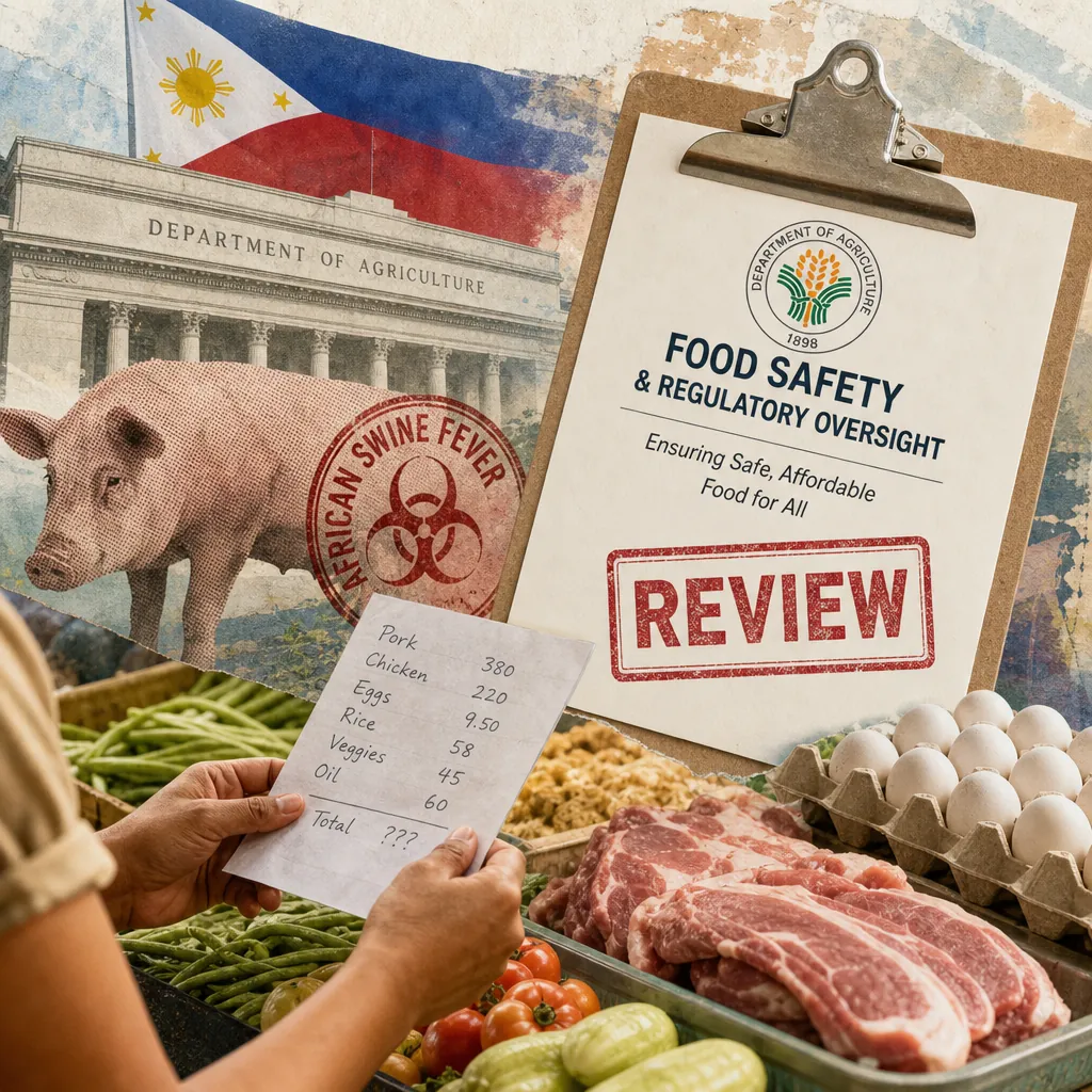 A collage showing a person holding a grocery list with prices for pork, chicken, eggs, rice, veggies, and oil, surrounded by fresh produce, eggs, and raw meat. In the background are images of the Philippine Department of Agriculture building, a pig with an African Swine Fever stamp, the Philippine flag, and a clipboard labeled "Food Safety & Regulatory Oversight" with a red "REVIEW" stamp, illustrating how Philippine food prices remain volatile as government intensifies ASF response, launches animal vaccine program, and faces rising consumer scrutiny on regulation.