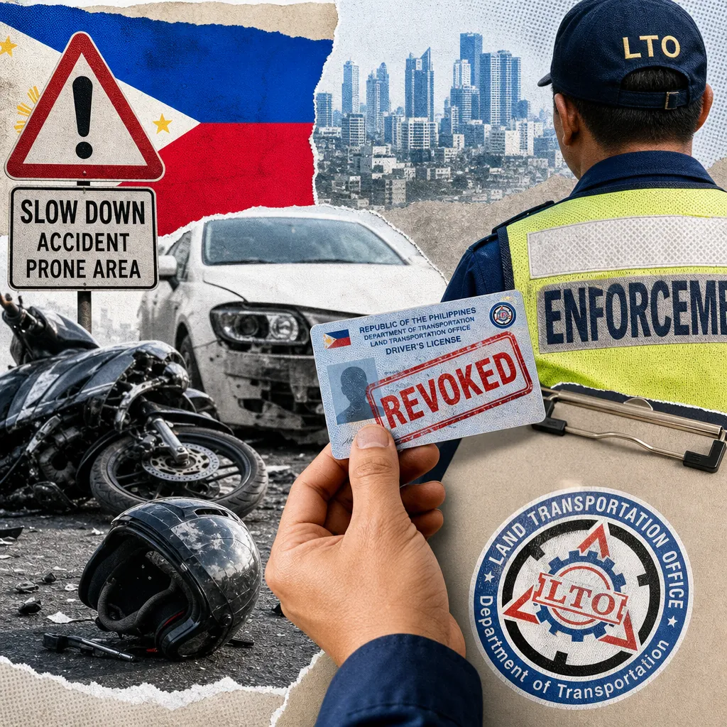 A collage showing a cracked motorcycle helmet beside a road, a "Slow Down Accident Prone Area" sign, a busy Philippine highway, the Land Transportation Office building, and a hand stamping "Revoked" on a driver's license, illustrating a deadly weekend of Philippine road crashes.