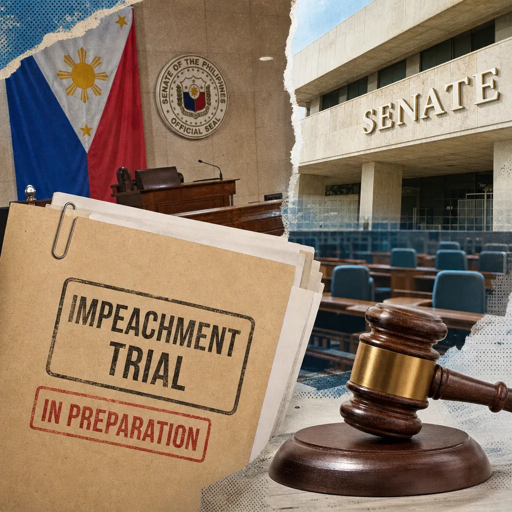 A collage showing the Philippine Senate building, an empty Senate chamber with the national flag and official seal, a judge’s gavel, and a folder labeled “Impeachment Trial In Preparation,” illustrating the impeachment trial for VP Duterte nears.