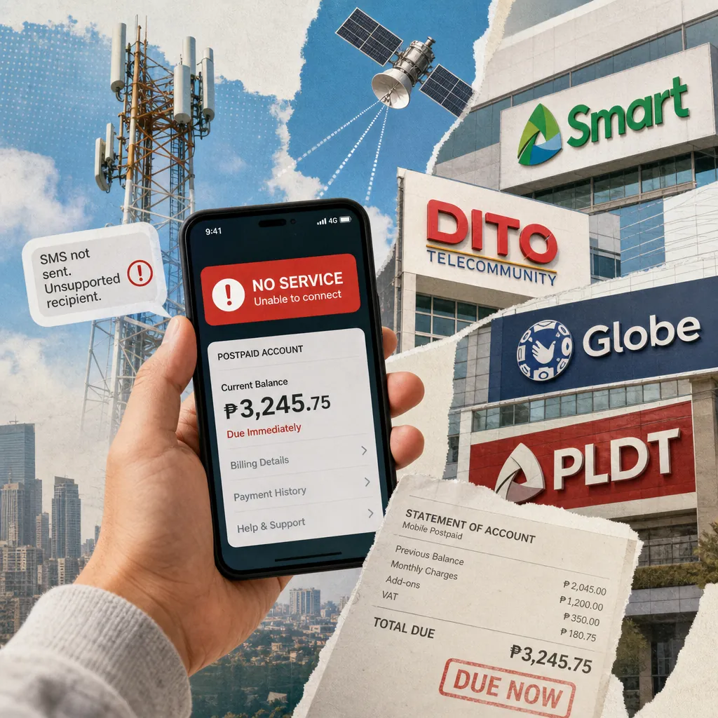 A collage showing a hand holding a phone with a "Message Not Sent: SMS not compatible" error, a past due bill from Smart and DITO, logos of Globe and PLDT, a satellite dish, a cell tower, a city skyline, and a map of the Philippines, illustrating Philippine telco users voice frustration over postpaid service gaps, billing issues, and SMS barriers.