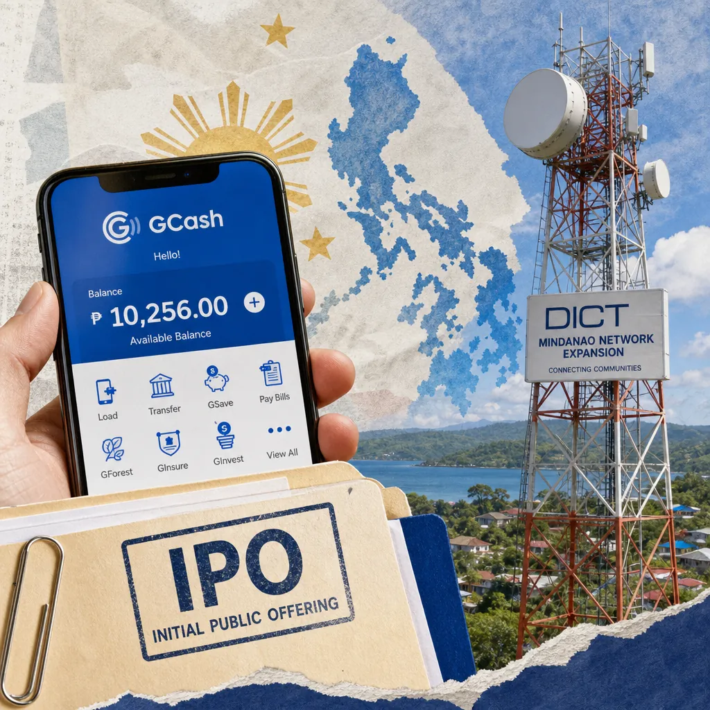 A collage showing a hand holding a phone with the GCash IPO screen, a telecom tower, a DICT Mindanao Network Launch sign, a prospectus document, and the Philippine flag in the background, illustrating Philippine telecoms face rising consumer frustration over service issues, while government and fintech milestones spark optimism and shift industry perceptions.