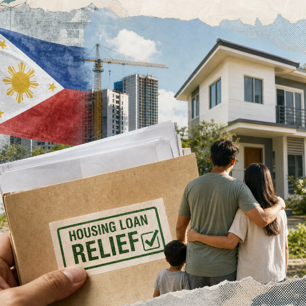 A family stands in front of a modern house, with a hand holding a folder labeled "Housing Loan Relief" in the foreground, high-rise buildings and a construction crane in the background, and the Philippine flag above, representing Philippine real estate on June 12, 2026: low engagement, but key signals in housing relief, land title awards, eco-tourism, and regional stability emerged.