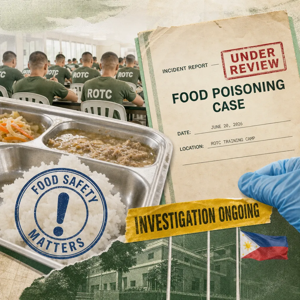 A collage showing ROTC cadets eating in a cafeteria, a close-up of a food tray with rice and viand labeled "Food Safety Matters," an incident report marked "Under Review" for a food poisoning case dated June 20, 2026 at an ROTC training camp, a gloved hand, a yellow "Investigation Ongoing" tape, and a Philippine flag, illustrating food safety incidents.