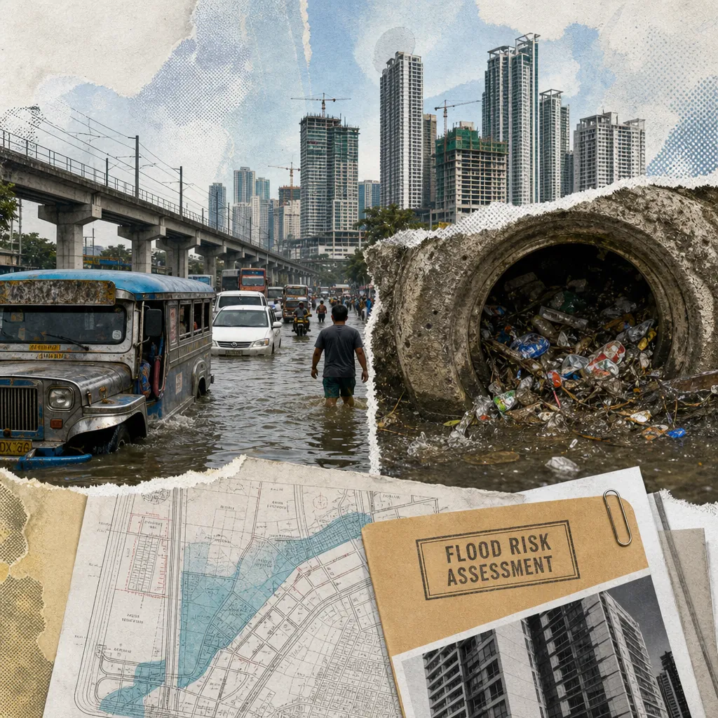 A flooded Metro Manila street with cars driving through deep water, a construction site and high-rise buildings in the background, and a close-up of a gloved hand clearing trash-clogged drains, highlighting public frustration over trash-clogged drains, infrastructure gaps, and developer accountability as typhoon season heightens climate risks.