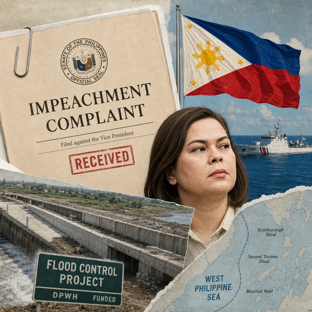 A serious-looking woman stands beside a large folder labeled "Impeachment Complaint" with the seal of the House of Representatives, Philippines. Behind her are images of the Philippine Congress building and a legislative session with the Philippine flag, illustrating the impeachment trial of VP Sara Duterte, flood control corruption scandal, and China tensions drive public outrage, skepticism, and calls for accountability.