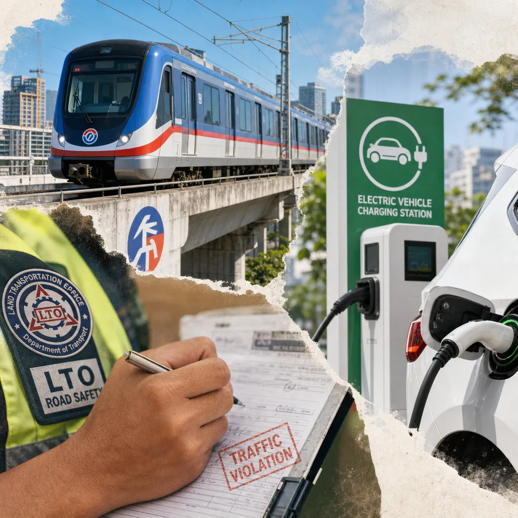 Collage showing a modern train on elevated tracks, an electric vehicle charging at a station, and a road safety officer writing a traffic violation ticket, representing the Philippine transport sector advancing rail, EVs, and digitalization amid rising fuel costs, disaster response, road safety crackdowns, and cybersecurity concerns.