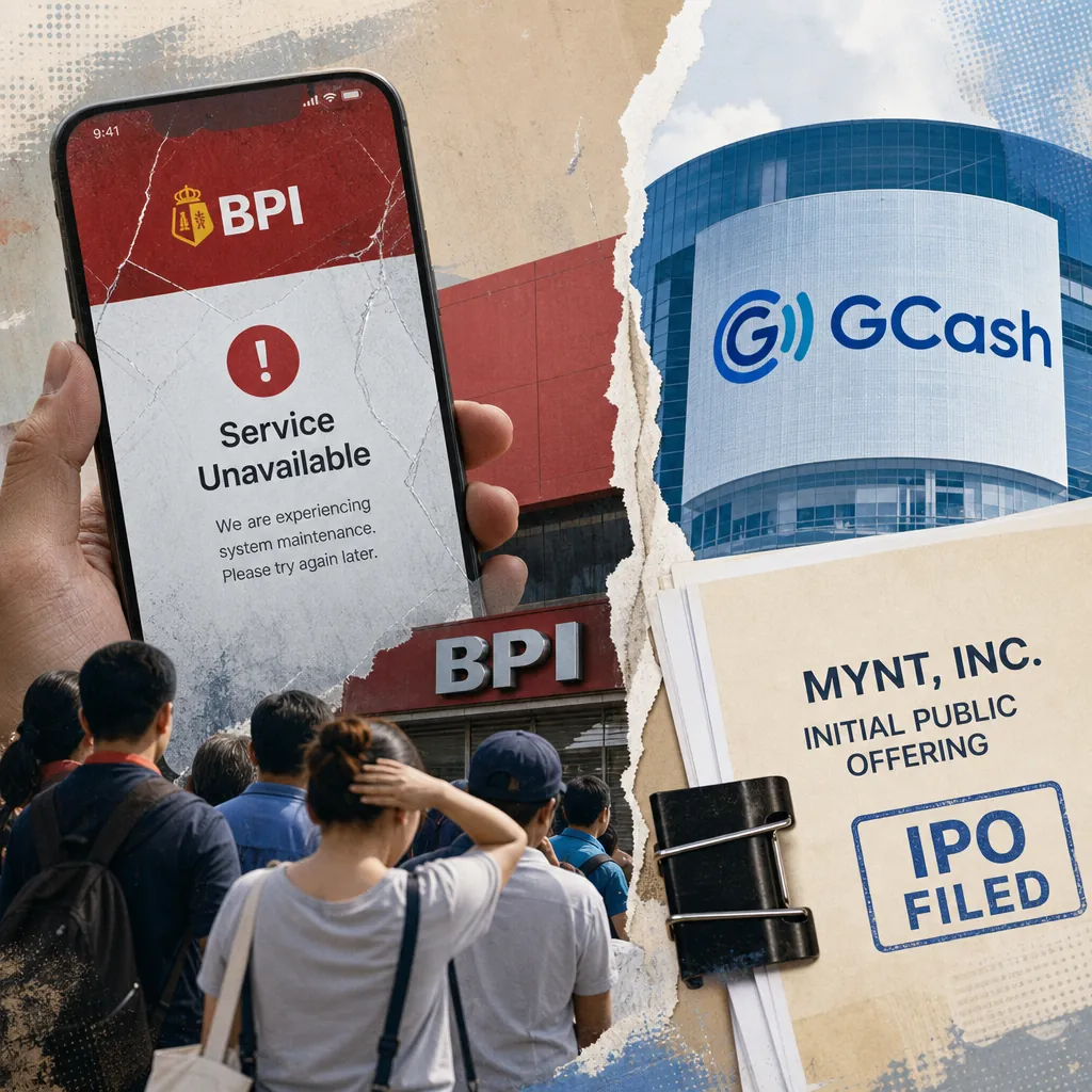 A collage showing a crowd outside a BPI branch with a phone displaying a "Service Unavailable" message, the GCash logo on a building, and documents labeled "MYNT, INC. Initial Public Offering IPO FILED," illustrating a major BPI outage sparks trust concerns in Philippine digital banking as GCash’s IPO signals fintech growth.