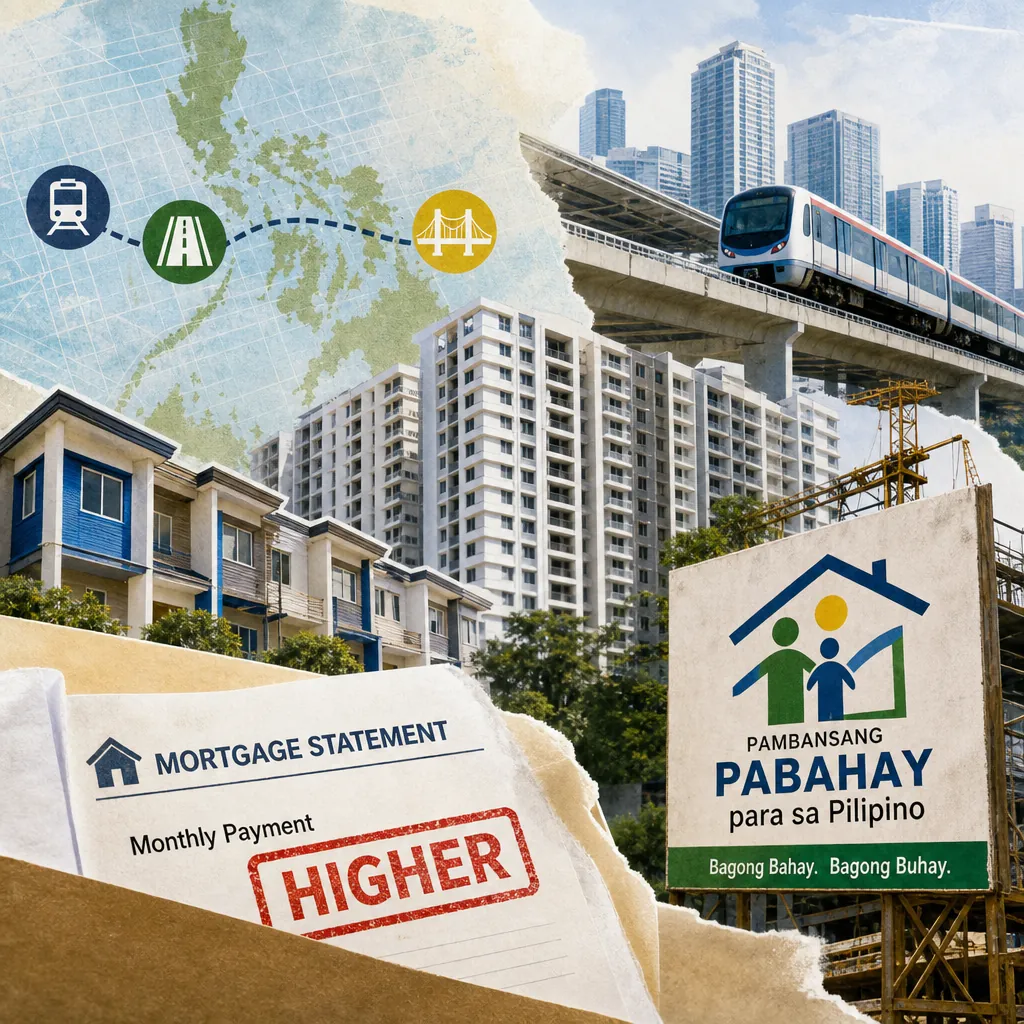A collage showing a mortgage loan statement with a 6.75% interest rate, house keys, a government housing sign, high-rise condos, a construction crane, and a Metro Manila Subway Project train, illustrating Philippine real estate talk driven by housing loan cost anxiety, mixed trust in government housing, developer expansion, and new infrastructure shaping growth.