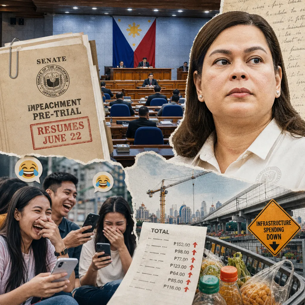 A collage showing VP Sara Duterte looking serious, a Senate impeachment pre-trial folder, lawmakers in session, young people laughing at their phones, a rising grocery receipt, construction cranes, and a sign reading "infrastructure spending down," illustrating Philippine social media focused on VP Sara Duterte’s impeachment, economic woes, typhoon risks, school safety fears, and calls for accountability reforms.