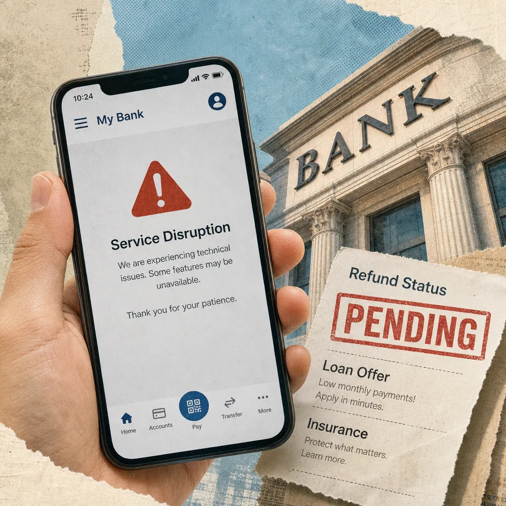 A hand holds a smartphone displaying a digital banking app with a service disruption warning, while a paper shows a pending refund status and a traditional bank building is in the background, illustrating Philippine digital banking users voice frustration over app outages, refund limits, and investment confusion.