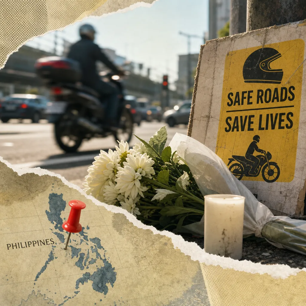A split image showing a motorcycle helmet and flowers with a note reading "Drive Safe. Someone loves you." on one side, and a busy city street with a "Smart Traffic Zone" sign, traffic cameras, and a motorcyclist riding past cars on the other, illustrating Philippine auto talk highlights EV growth at PIMS 2026, fatal motorcycle crashes, rider safety gaps, and ongoing frustrations with repairs, insurance, and traffic.