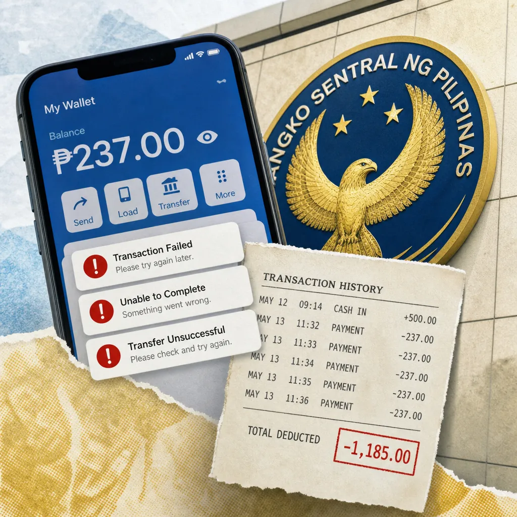 A hand holds a smartphone displaying error messages from GCash, Maya, and BPI apps, with a torn receipt labeled "Unexplained Charge" and the Bangko Sentral ng Pilipinas building in the background, illustrating Philippine digital banking faces trust issues.