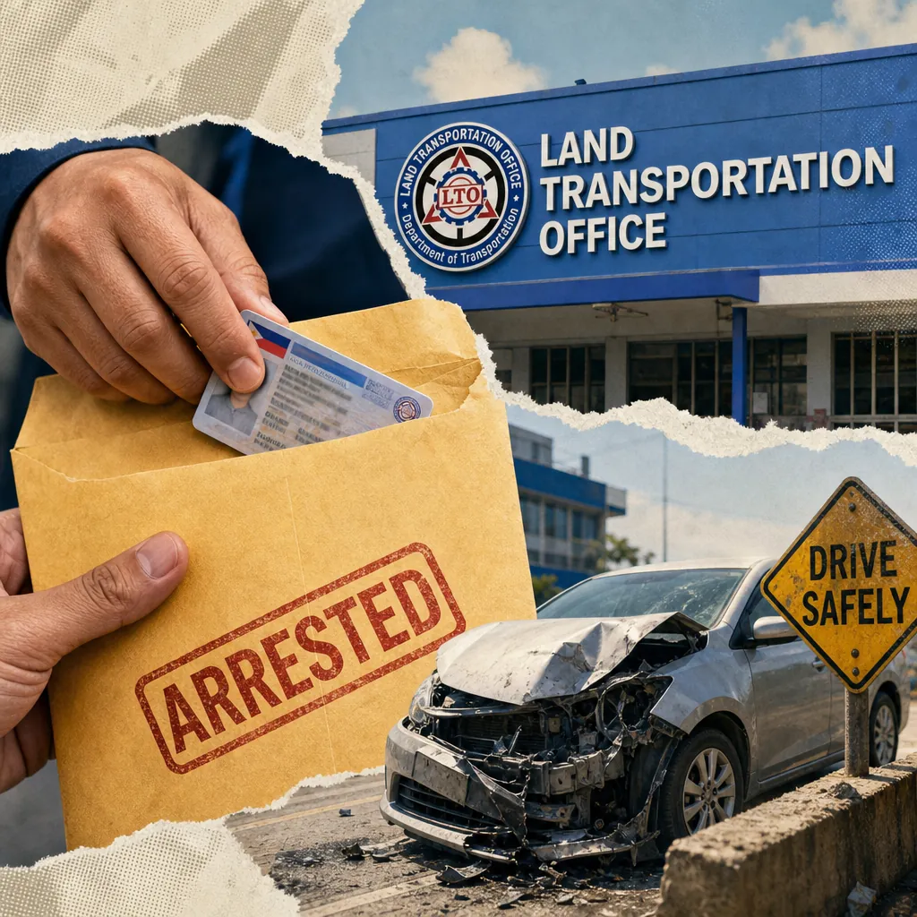 A collage showing the Land Transportation Office building, a hand placing a driver’s license into an envelope marked “ARRESTED,” and a car crash next to a “Drive Safely” sign, illustrating Philippine transport faces LTO corruption arrests, deadly road accidents, and rising crime links.