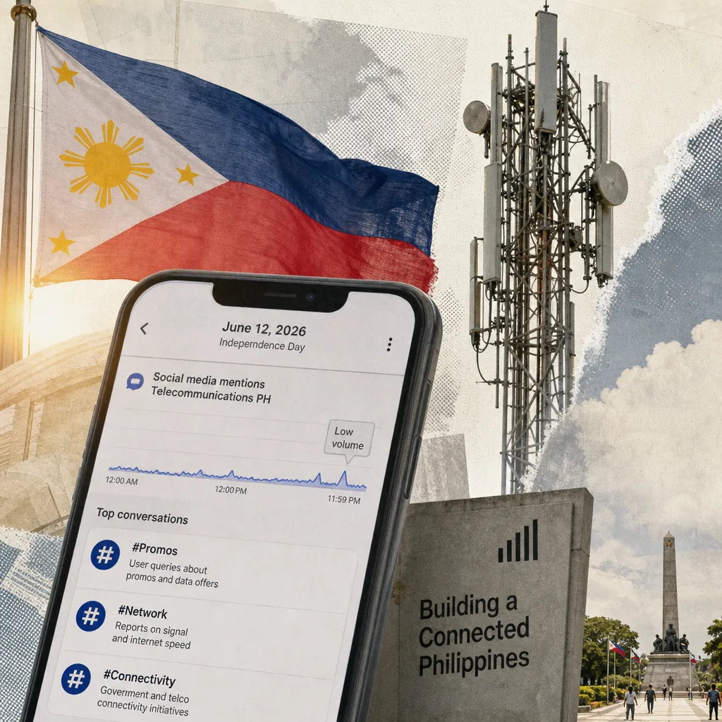 A collage showing a Philippine flag, a mobile phone screen displaying low social media mentions for telecommunications in the Philippines on June 12, a cell tower, and a monument, visually representing low Philippine telco talk on June 12 with sparse user debates on prepaid plans, minimal engagement on promos, and quiet coverage of network restoration.