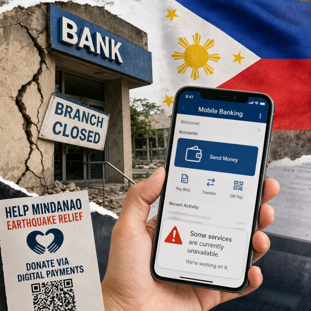 A cracked bank building with a "branch closed" sign, a Philippine flag, a hand holding a phone showing a mobile banking app with an error message, and a poster for Mindanao earthquake relief, illustrating Philippine banking focused on digital relief, app glitches, branch closures, and a LandBank political controversy after the Mindanao quake.