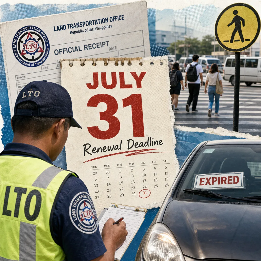 A collage showing an LTO officer writing on a clipboard, a car with an "EXPIRED" sign, pedestrians crossing the street, a yellow pedestrian crossing sign, an LTO official receipt, and a calendar with "July 31 Renewal Deadline," illustrating Philippine auto talk centers on LTO renewal deadline, enforcement after pedestrian accidents, public anxiety, corruption, traffic woes, and rising EV interest.