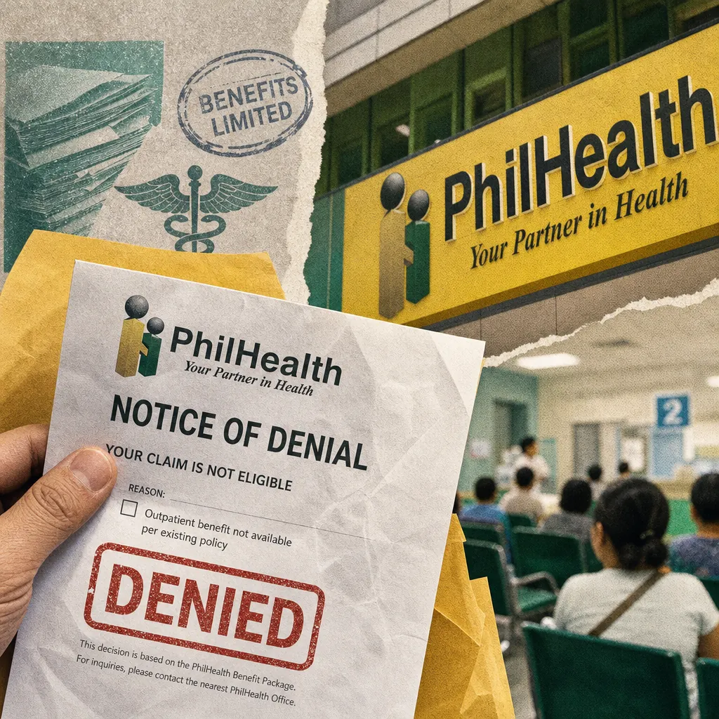 A hand holds a PhilHealth notice of denial stamped "DENIED" in front of a PhilHealth office with people waiting inside, highlighting the keyphrase: Ateneo drowning probe, PhilHealth benefit denial, and Mindanao quake drive public outrage, highlighting crises in accountability, healthcare, and disaster response.