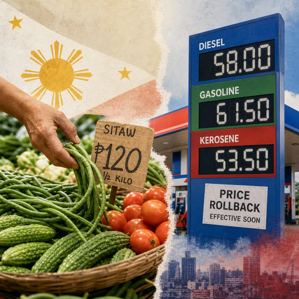 A collage showing a basket of vegetables with a sign reading "Presyo ng Gulay" and an upward arrow, set against a rainy rural backdrop, contrasted with a fuel pump labeled "Diesel" and a sign "Oil Price Rollback" with a downward arrow, a Philippine coin, and a budget list, illustrating rising food prices in the Philippines and fuel price rollbacks.