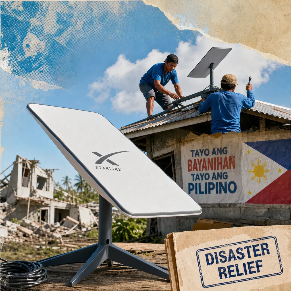 Two workers install a Starlink satellite dish on the roof of a damaged building in the Philippines, with a sign reading "DISASTER RELIEF" in the foreground and a Philippine flag banner in the background, illustrating Philippine connectivity talk focused on Starlink for disaster recovery.