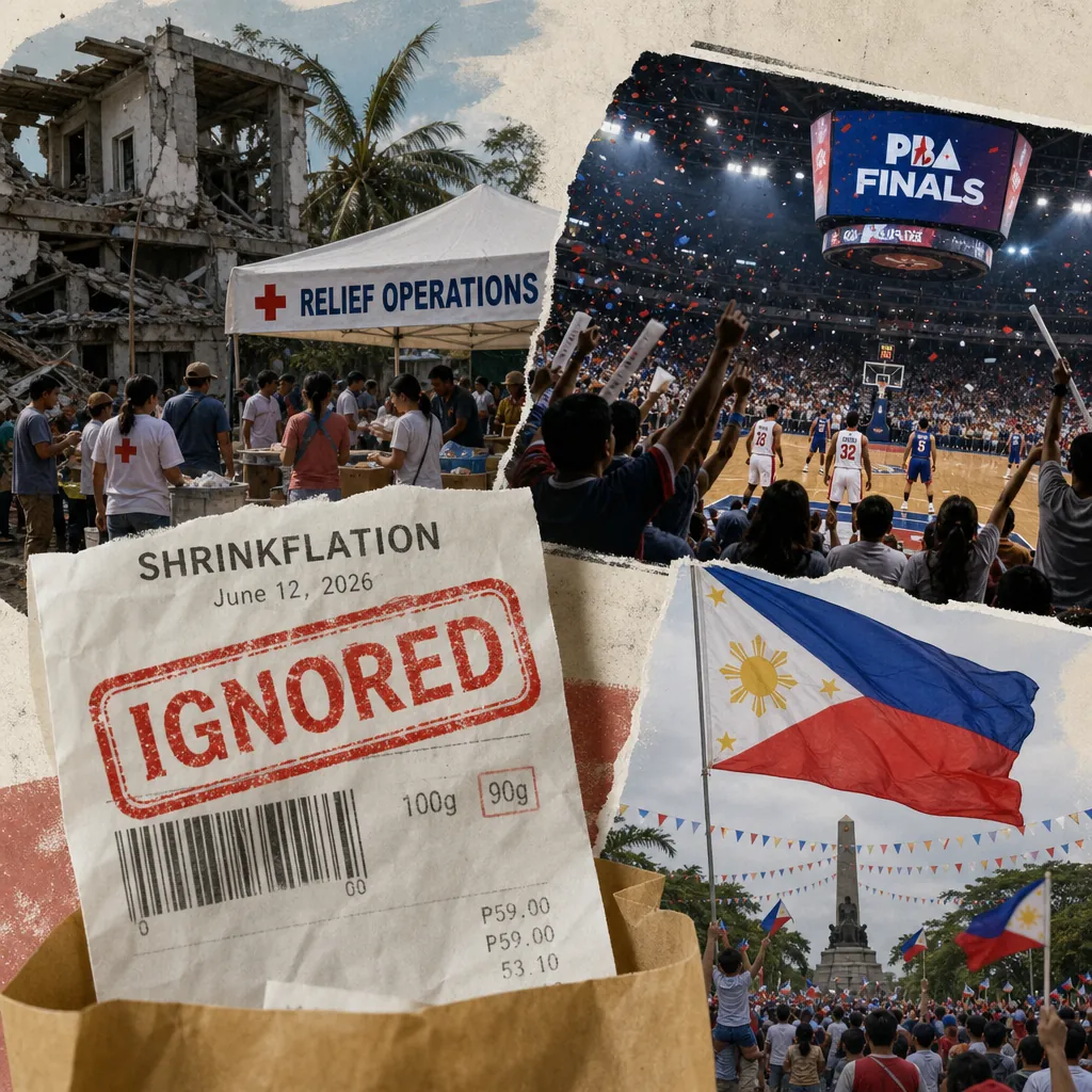 A collage showing Philippine social media focused on earthquake relief with volunteers and a Philippine flag, Independence Day celebrations with flags and a monument, and a crowded PBA finals basketball game, while a social media post about shrinkflation and consumer price issues is marked with "LOW REACH," illustrating how shrinkflation and consumer price issues were sidelined.