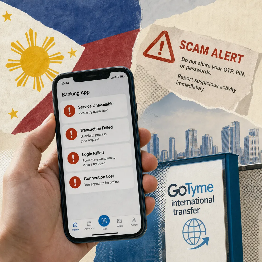 A hand holds a smartphone displaying multiple banking app error messages, with a Philippine flag, a scam alert warning, and a GoTyme international transfer sign in the background, illustrating Philippine digital finance faces eroding trust due to app failures, scams, and promo confusion.