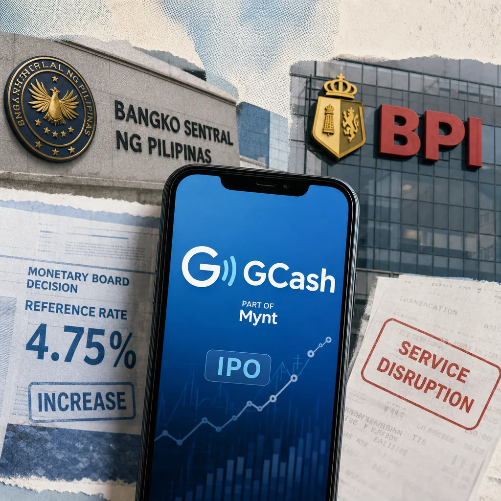 A collage showing the Bangko Sentral ng Pilipinas building, the BPI bank logo, a phone displaying the GCash app with "IPO" and "part of Mynt," a notice of a 4.75% rate increase, and a "service disruption" slip, illustrating BSP hikes rates to fight inflation, GCash parent Mynt eyes record IPO, BPI outage sparks scrutiny, as new rules reshape digital finance and inclusion in PH.