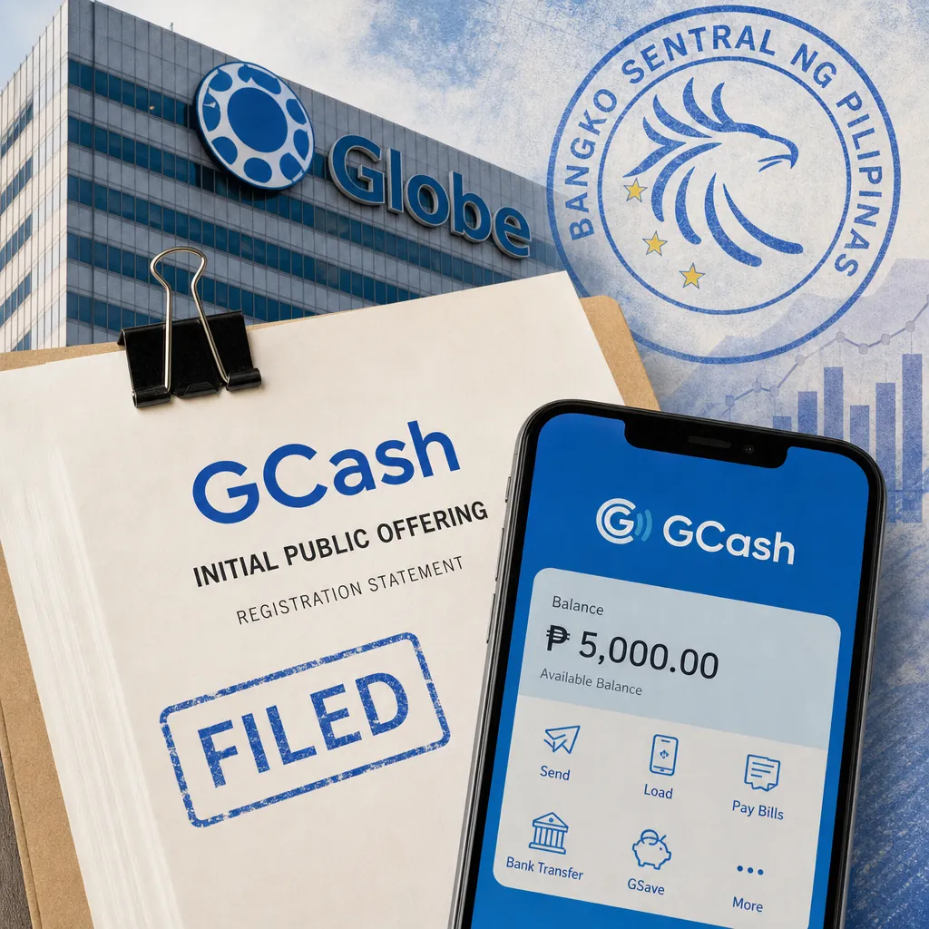 A collage showing the Bangko Sentral ng Pilipinas building with the Philippine flag, a rising interest rate chart labeled "HIKE," a smartphone displaying a GCash app outage message, and a GCash IPO filing document marked "APPROVED," illustrating Philippine banking buzzed with BSP rate hikes, digital payment rollouts, app outages, and GCash IPO news.