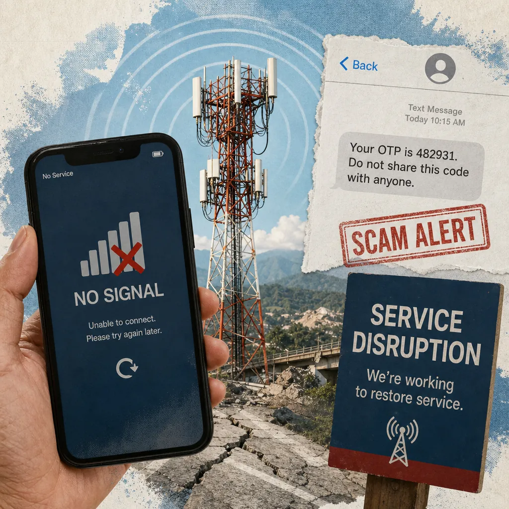 A collage showing a hand holding a phone with a "No Signal" screen, a cell tower in the background, a scam alert text message, and a sign reading "Service Disruption," illustrating Filipino telco users voice frustration over data caps, outages, and scams.