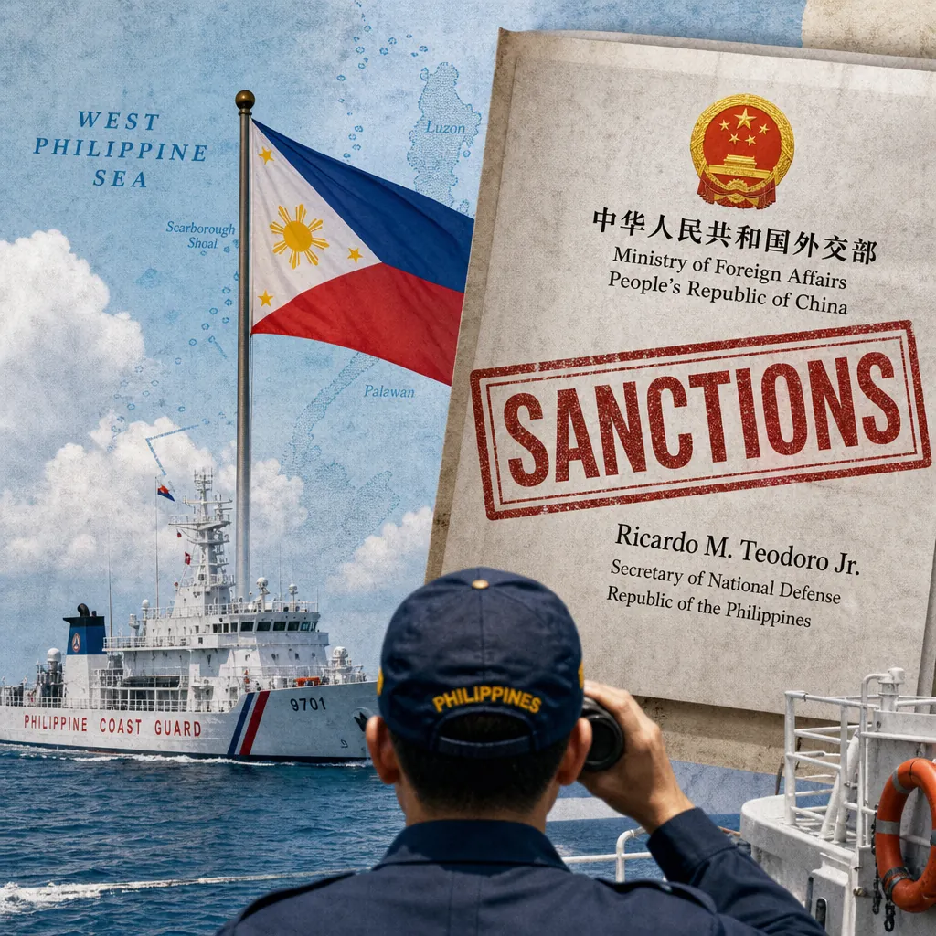 A Philippine Coast Guard officer looks toward a ship and a large Philippine flag in the West Philippine Sea, with a map in the background and a document labeled "SANCTIONS" from China to the Philippine defense secretary, illustrating WPS tensions during Philippine Independence Day 2026.