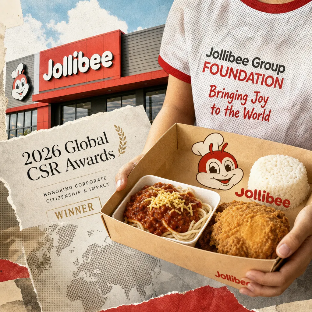 A person in a Jollibee Group Foundation shirt holds a Jollibee meal with spaghetti, fried chicken, and rice in front of a Jollibee restaurant, with a 2026 Global CSR Awards winner certificate, illustrating Jollibee’s global win and community aid.