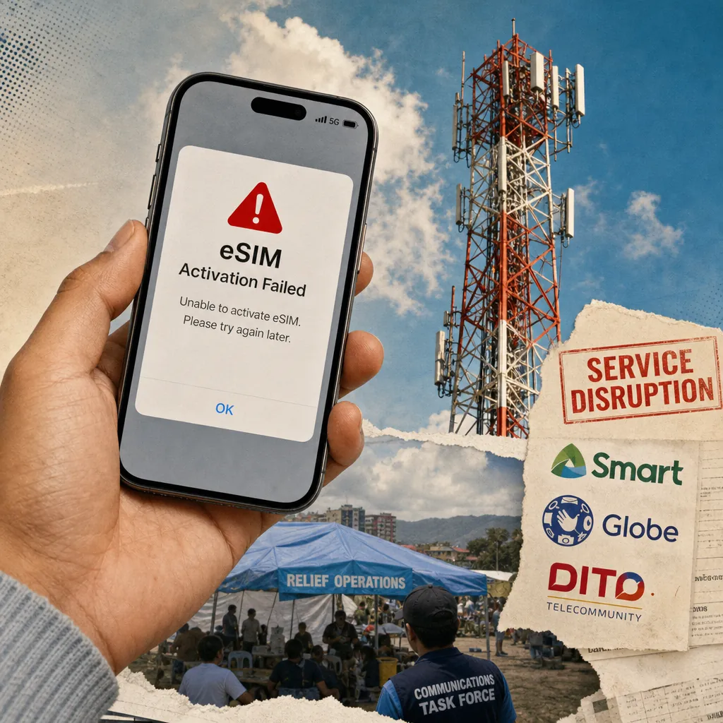A collage showing a crowd waiting at a help center, a mobile phone displaying an "eSIM Activation FAILED" message, a telecom tower, a cityscape with a volcano in the background, and a seismograph line, illustrating Philippine telcos face rising eSIM failures and customer service woes.