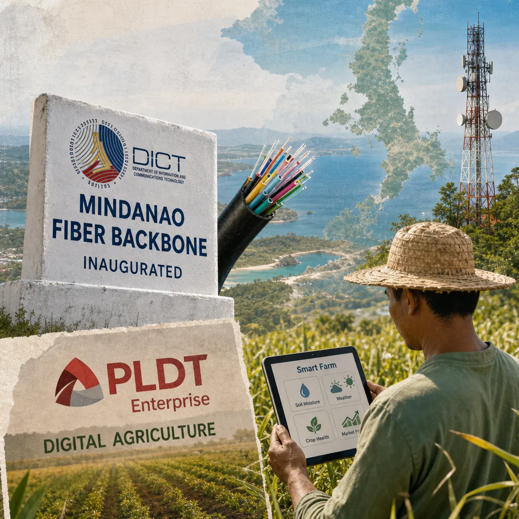 A collage showing a Mindanao Fiber Backbone inauguration marker, a PLDT Enterprise Digital Agriculture sign, a farmer using a tablet with smart farm data, a telecommunications tower, and a map of the Philippines, illustrating Philippine telco focus shifts from network expansion to enabling economic growth, digital government, and sectoral transformation, with value now driving the narrative.