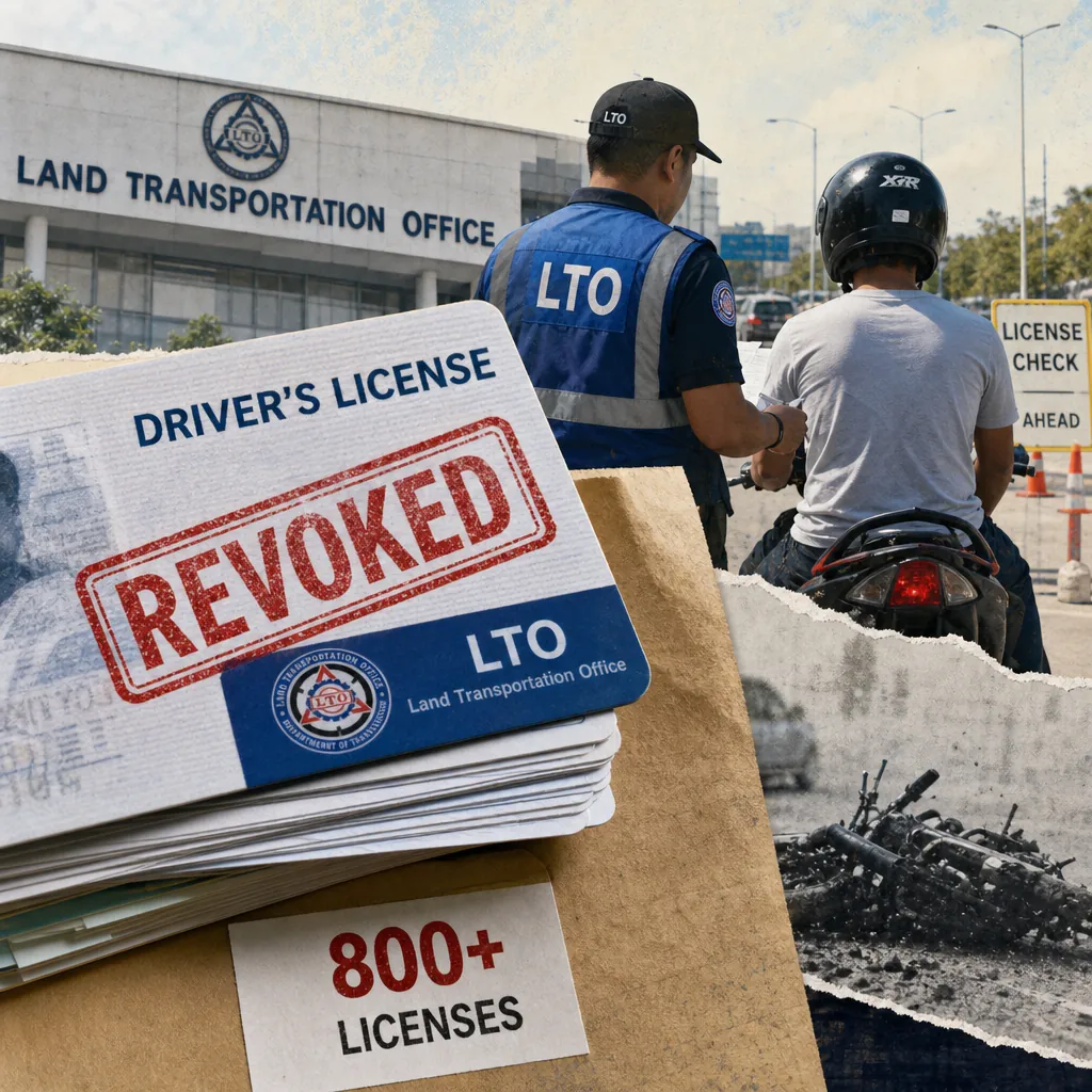 A collage showing the Land Transportation Office building, an LTO officer checking a motorcycle rider’s license at a roadside checkpoint, a stack of driver’s licenses with a “REVOKED” stamp, a sign reading “800+ licenses,” and a crashed motorcycle, illustrating Philippine auto talk shifts to LTO’s license crackdown.