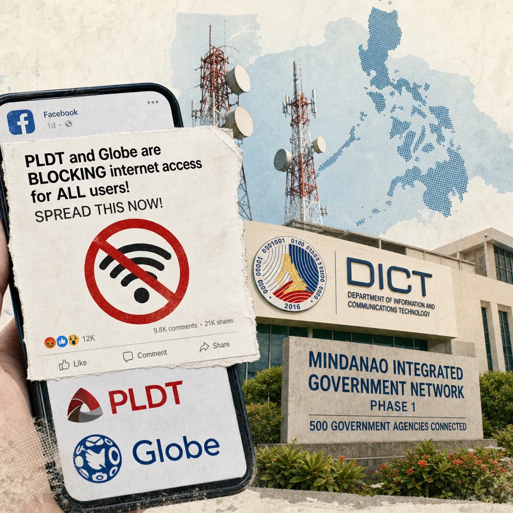 A collage showing a phone screen with a viral claim that PLDT and Globe are blocking internet access, a "no internet connection" symbol, a spool of fiber optic cable, and the Department of Information and Communications Technology building with a sign for the Mindanao Integrated Government Network Phase 1 launch, highlighting telco distrust and weak official messaging.