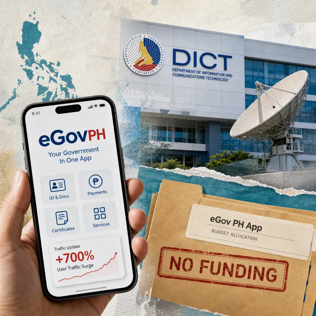 A collage showing a Philippine government building with a flag, a large satellite dish, a smartphone displaying the eGovPH app for all-in-one government services, a document labeled "NO FUNDING" from the Department of Information and Communications Technology, and a digital safety law sign, illustrating Philippine digital transformation faces opportunity and risk.