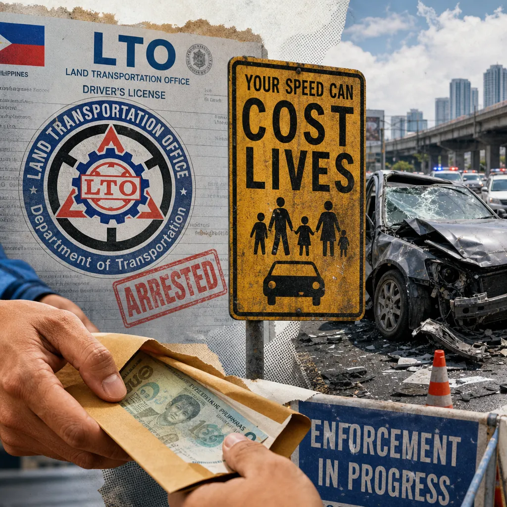 A collage showing a damaged car at a crash scene, a yellow road sign warning "Your speed can cost lives," a Land Transportation Office (LTO) driver's license with an "arrested" stamp, hands exchanging money in an envelope, and an "enforcement in progress" sign, illustrating public outrage over LTO corruption, fatal bus and motorcycle crashes, and mysterious car deaths.