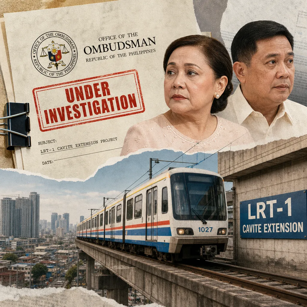A collage showing two serious-looking people in formal attire, an official document from the Office of the Ombudsman stamped "Under Investigation" about the LRT-1 Cavite Extension Project, and a train on an elevated track with a city skyline, visually representing the keyphrase: LRT-1 Villar probe, Ayala Land stock crash, Pag-IBIG SAFE Loan, and Mindanao quake aid reveal real estate’s political, financial, and consumer pressures.