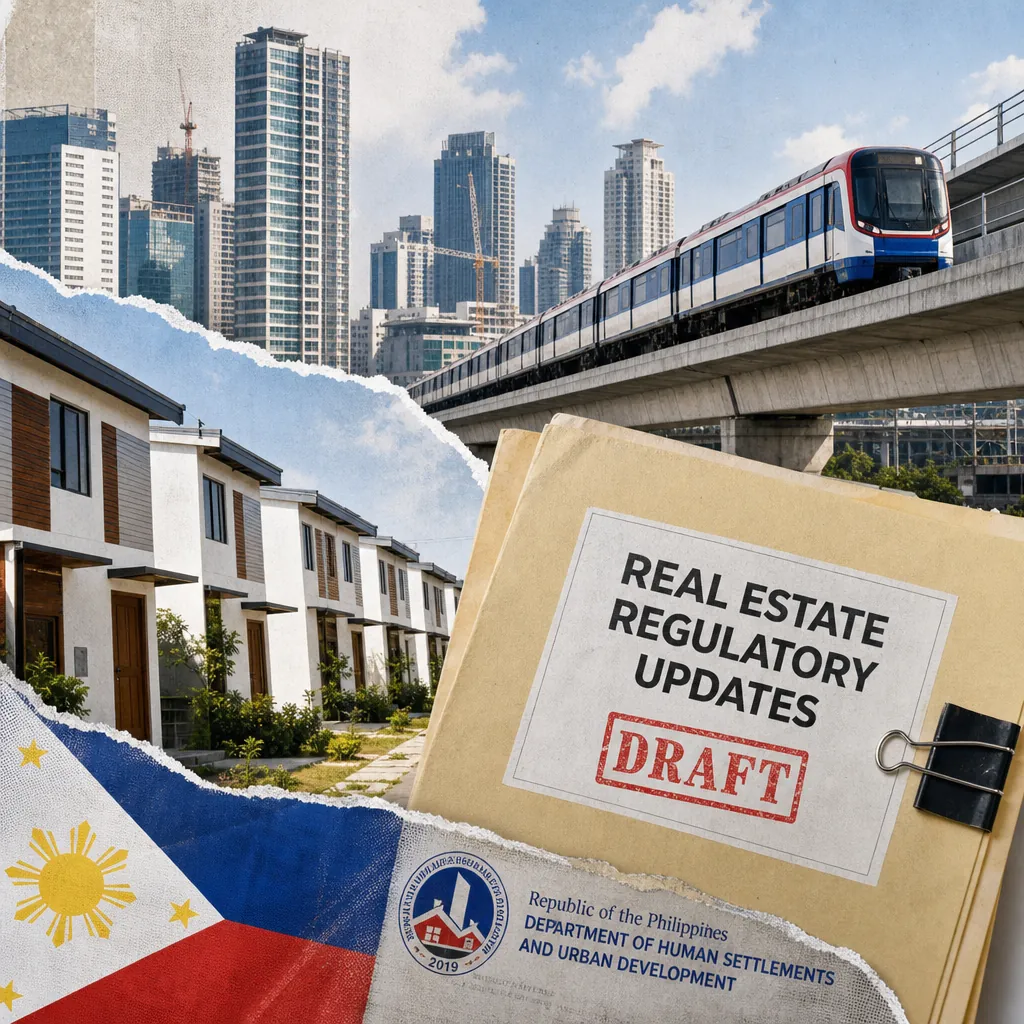A collage showing a row of modern houses, a construction crane and building, a train on an elevated railway, the Philippine flag, and a folder labeled "Rental Housing Reform Act," representing Philippine real estate sees strong housing demand, new loan promos, key infrastructure gains, but faces political controversy and water security concerns.