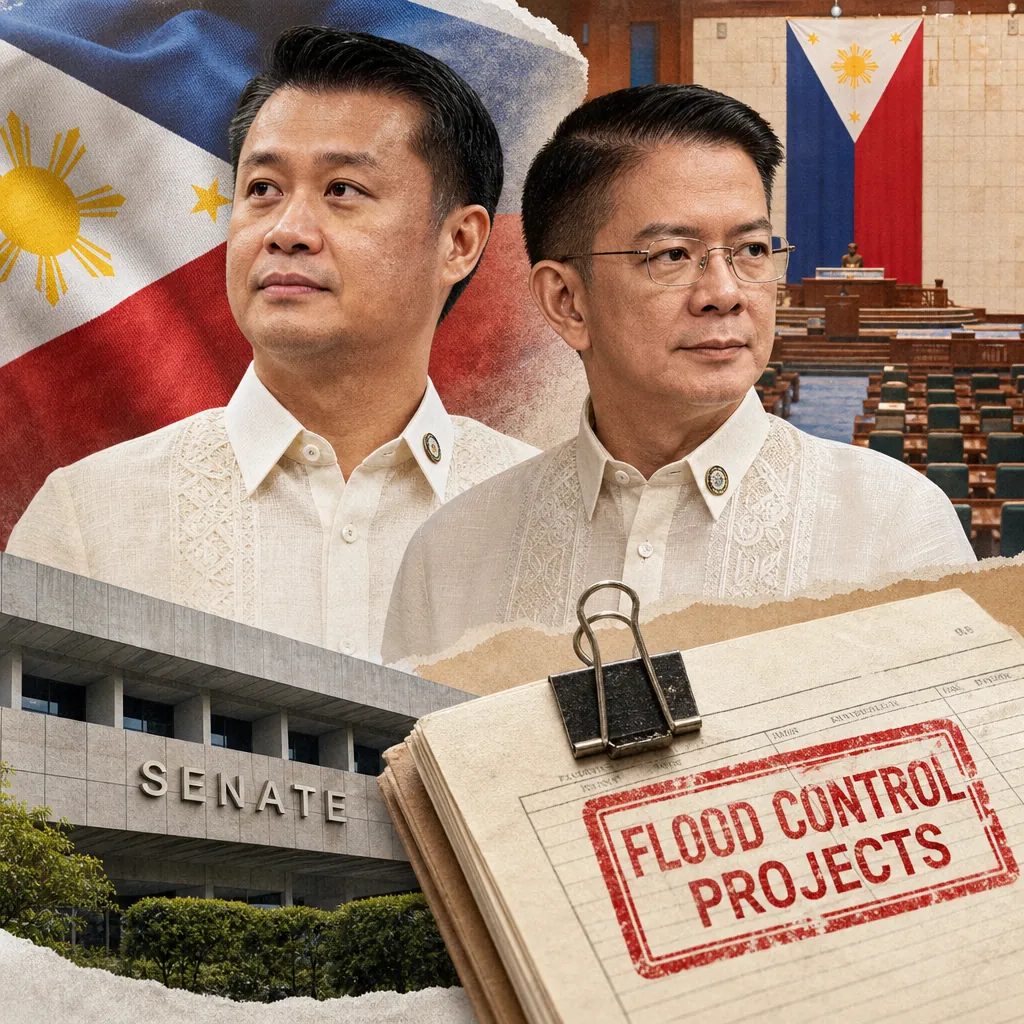 Two men in barong tagalog stand in front of a Philippine flag, a Senate session hall, and the Senate building, with a folder labeled "Flood Control Projects" in the foreground, illustrating the Senate elects Gatchalian as President, Escudero to preside over Duterte impeachment; corruption scandal and Ateneo drowning probe fuel public cynicism.