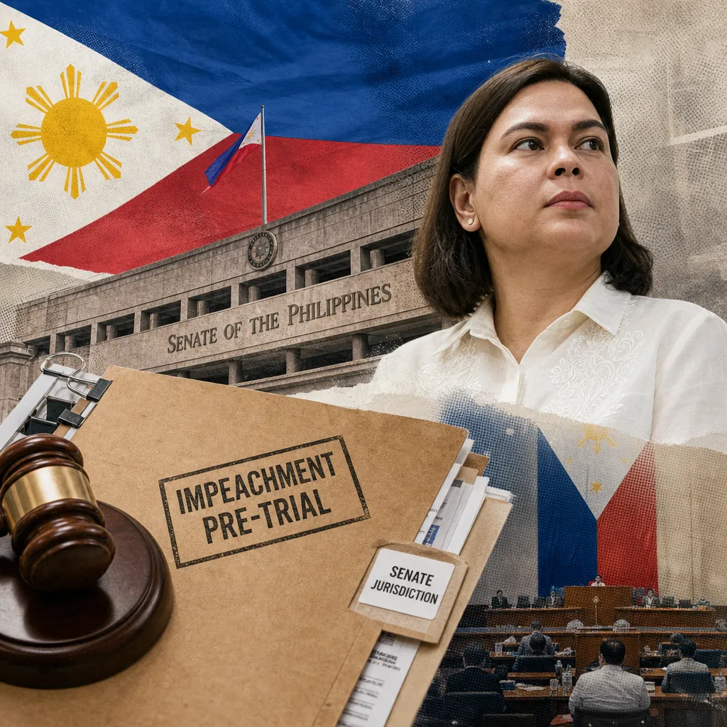 A collage showing a serious-looking woman in a barong, the Senate of the Philippines building, folders labeled "Impeachment Pre-Trial" and "Senate Jurisdiction" with a gavel, and scenes of a Senate session, all overlaid with the Philippine flag, illustrating Philippine politics faces crisis as Senate infighting, Duterte impeachment, Ateneo hazing probe, and PhilHealth scandal fuel public distrust and dominate discourse.