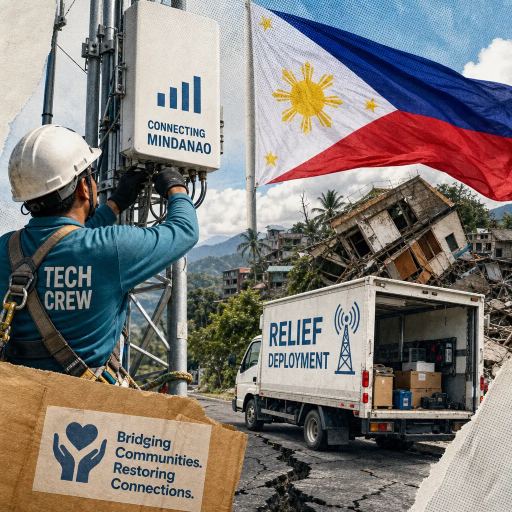 A tech crew worker repairs a cell tower labeled "Connecting Mindanao" beside a Philippine flag, with a relief deployment truck and damaged buildings in the background, illustrating Philippine telcos earn praise for rapid earthquake recovery.