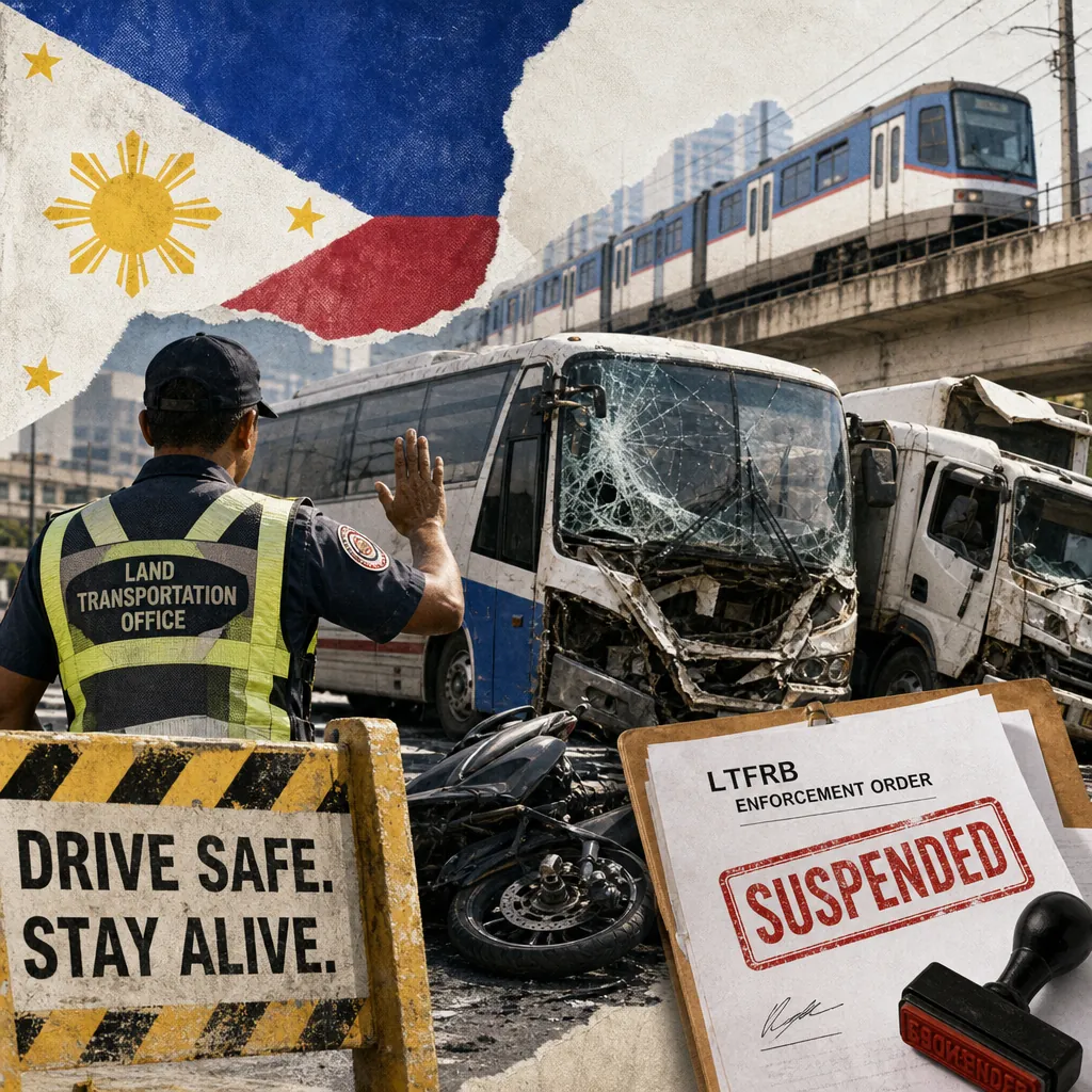 A surge in fatal road accidents and MRT-3 breakdowns in the Philippines sparks calls for reform, as EV launches and transport subsidies offer cautious optimism; the image shows a Land Transportation Office officer directing traffic near a crash involving a bus, truck, and motorcycle, with a damaged MRT-3 train above, a Philippine flag, a "Drive Safe. Stay Alive." sign, and a suspended enforcement order.