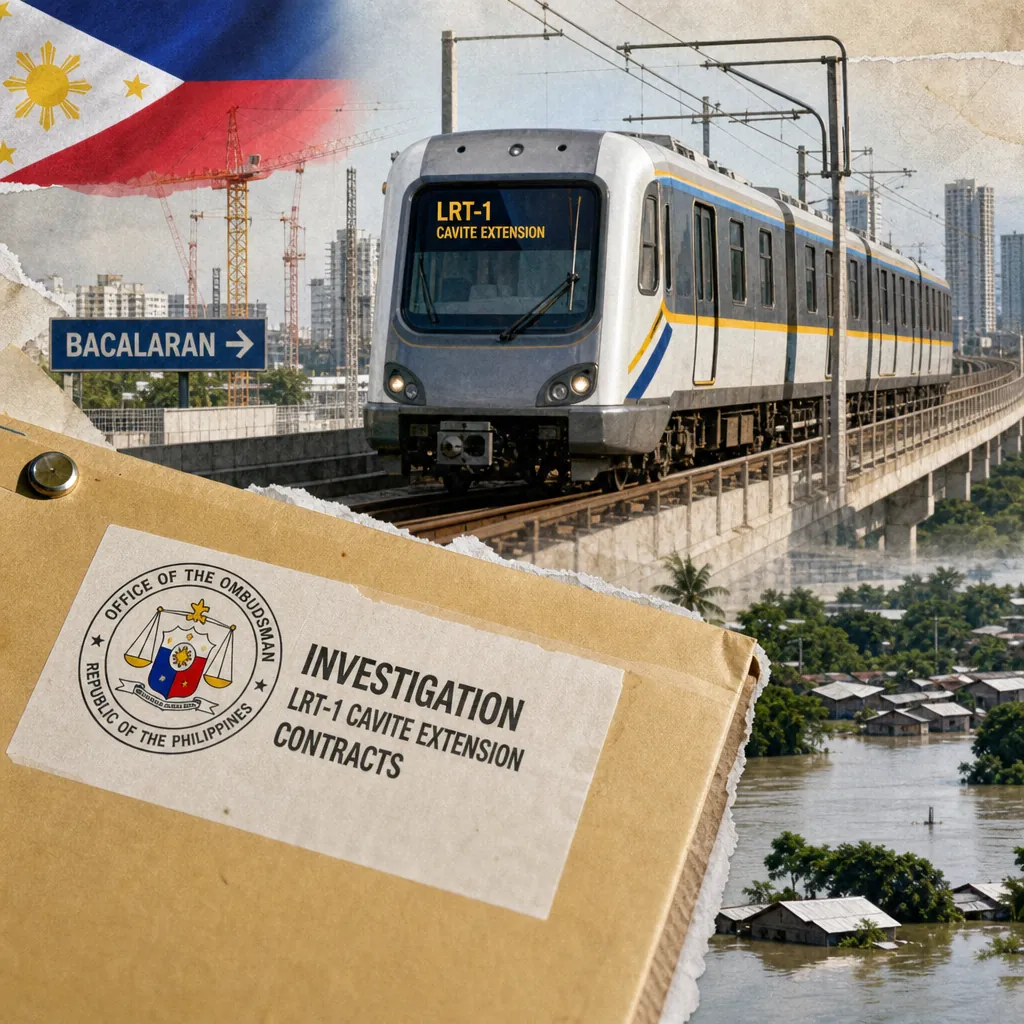 A Manila LRT-1 train travels on an elevated track above a cityscape, while in the foreground, a folder labeled "Investigation in Progress" from the Office of the Ombudsman with the subject "LRT-1 Cavite Extension Project" and a tab marked "Villar Senators" highlights the keyphrase: Ombudsman probes Villar senators for allegedly rerouting LRT-1 to benefit family land.