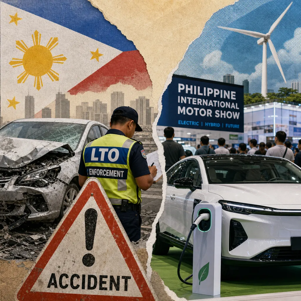 A split image showing a car crash with police cars, an LTO violation ticket, and a warning sign on the left, contrasted with an electric vehicle charging at a station outside the Philippine International Motor Show on the right, illustrating Philippine auto talk splits between road safety crisis, LTO enforcement, EV launches at PIMS, dealer markups, and rising consumer calls for accountability.