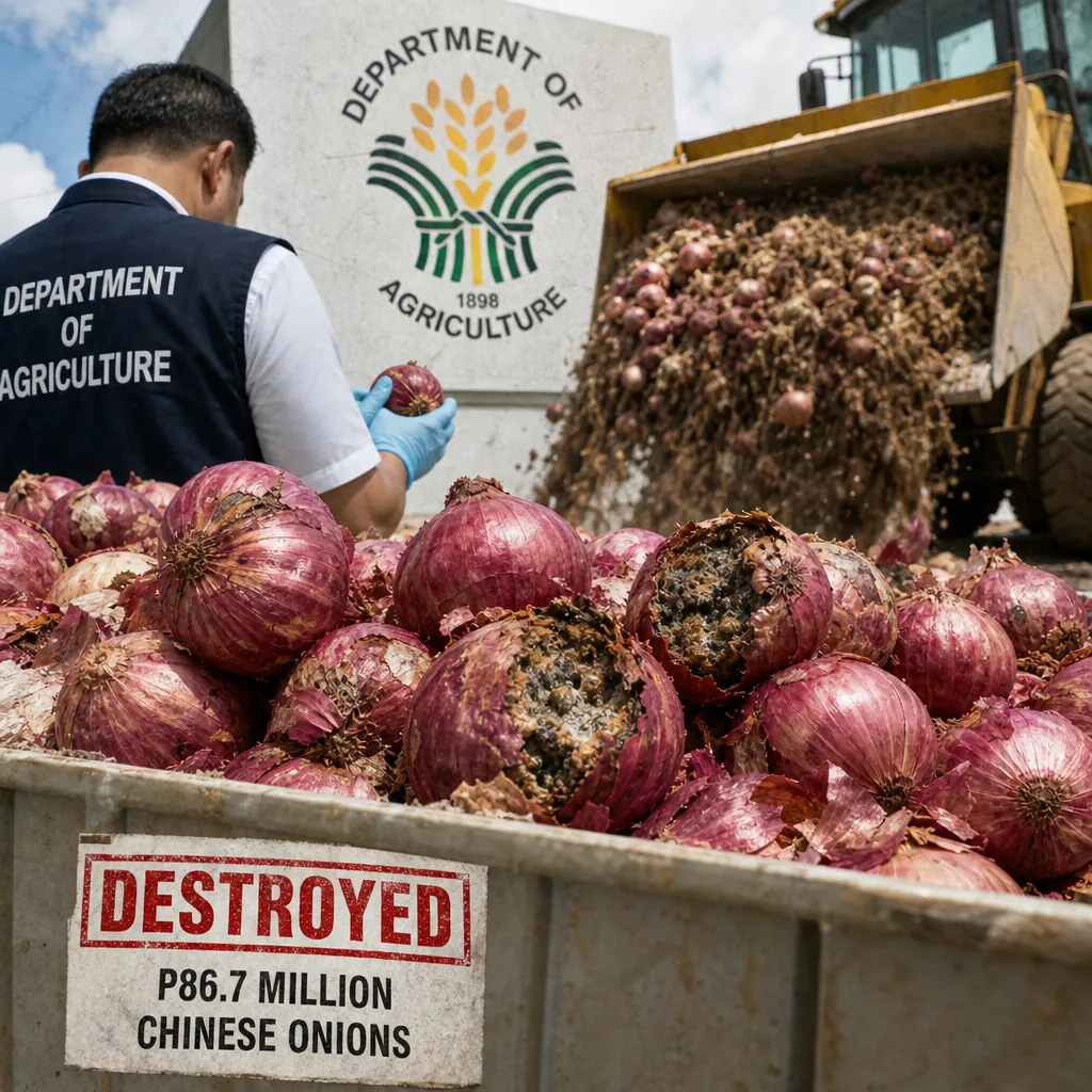 A Department of Agriculture worker inspects spoiled onions labeled as destroyed, with a large pile of rotting onions being dumped by a loader in front of a Department of Agriculture sign, illustrating food safety as a key Philippine news theme.
