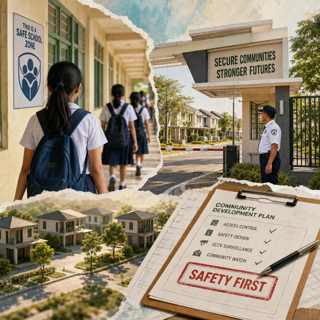 A collage showing Filipino students walking into a school marked as a safe zone, a security guard at a gated community entrance, a row of suburban houses, and a clipboard with a community development plan emphasizing safety first, illustrating the national crisis sparked by school violence in the Philippines and the urgent calls for safety, mental health support, and policy reform.