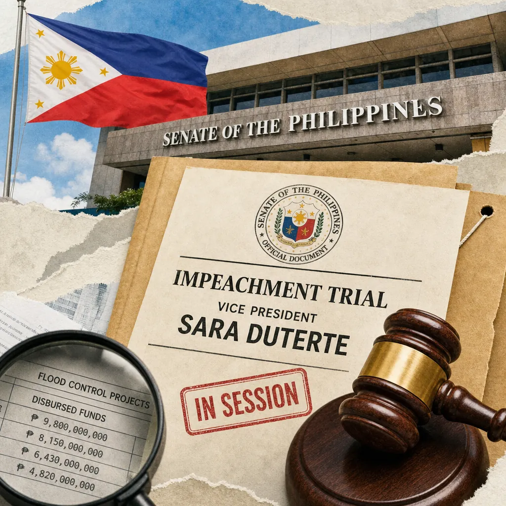 A collage showing the Senate of the Philippines building with the Philippine flag, a folder labeled "Impeachment Trial Vice President Sara Duterte" marked "In Session," a judge’s gavel, and a magnifying glass over a document about flood control projects, representing Philippine politics facing a triple crisis: flood control corruption, Senate leadership turmoil, and Sara Duterte’s impeachment.