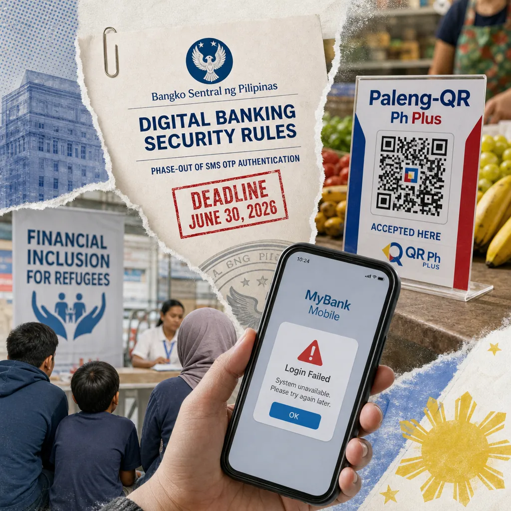 A collage showing a digital banking security rules notice from Bangko Sentral ng Pilipinas with a June 30, 2026 deadline, a QR code payment sign at a market, a phone displaying a failed login on a banking app, and a banner about financial inclusion for refugees, illustrating digital payments surge in the Philippines.
