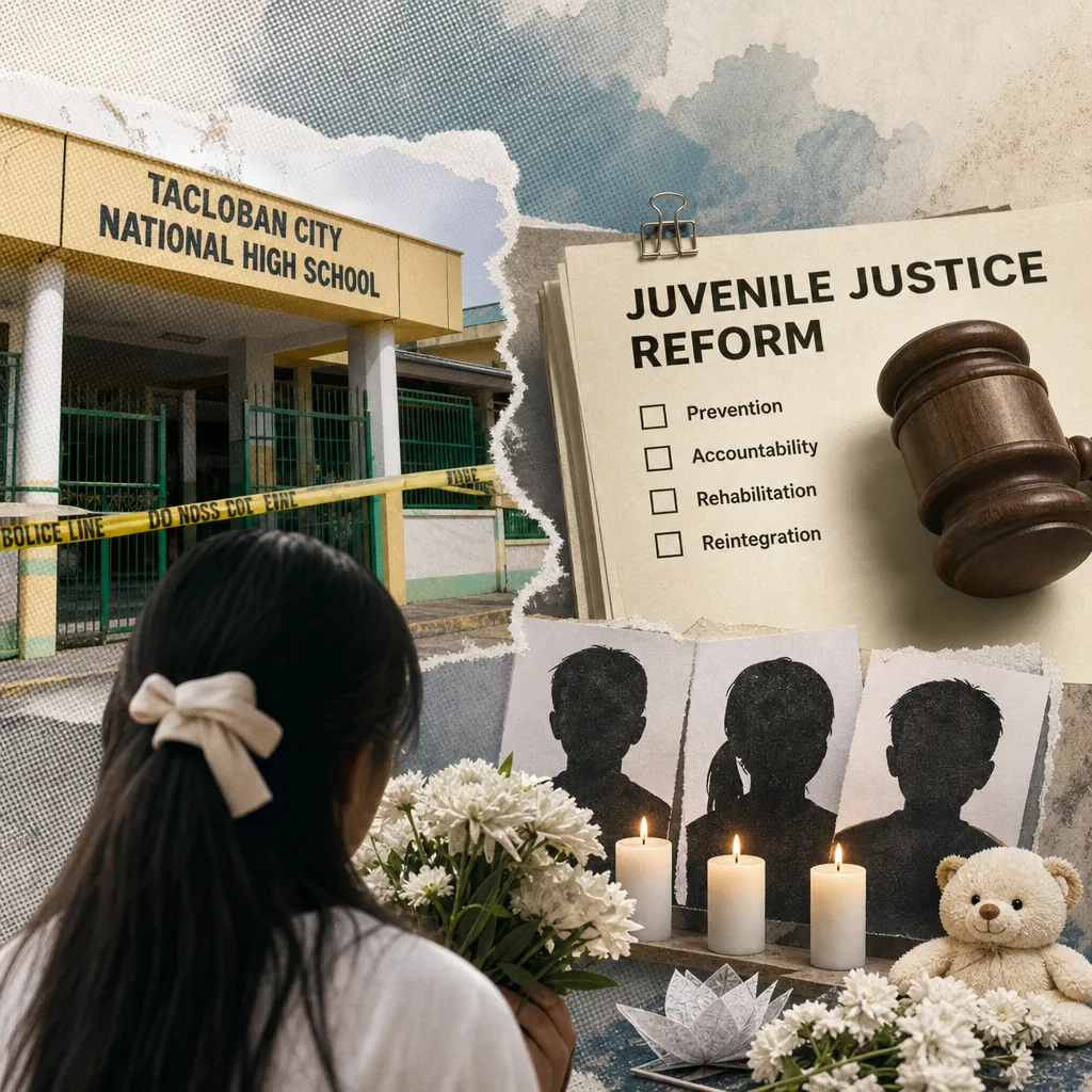 A collage showing Tacloban City National High School with police tape, a checklist titled "Juvenile Justice Reform" with a gavel, and a memorial scene with a girl holding flowers, candles, photos of children, and a teddy bear, illustrating the Tacloban school shooting sparks national grief, debate on juvenile justice, police accountability, gun control, and urgent calls for school security reforms.