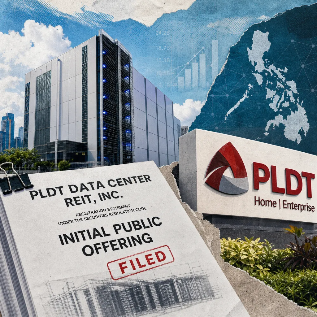 A collage showing a modern data center building, a PLDT Home Enterprise sign, a document labeled "PLDT Data Center REIT, Inc. Initial Public Offering Filed," and a map of the Philippines, representing PLDT’s VITRO REIT IPO marks a digital milestone.